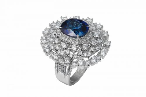 Unheated Peacock Blue Sapphire Diamond Ring